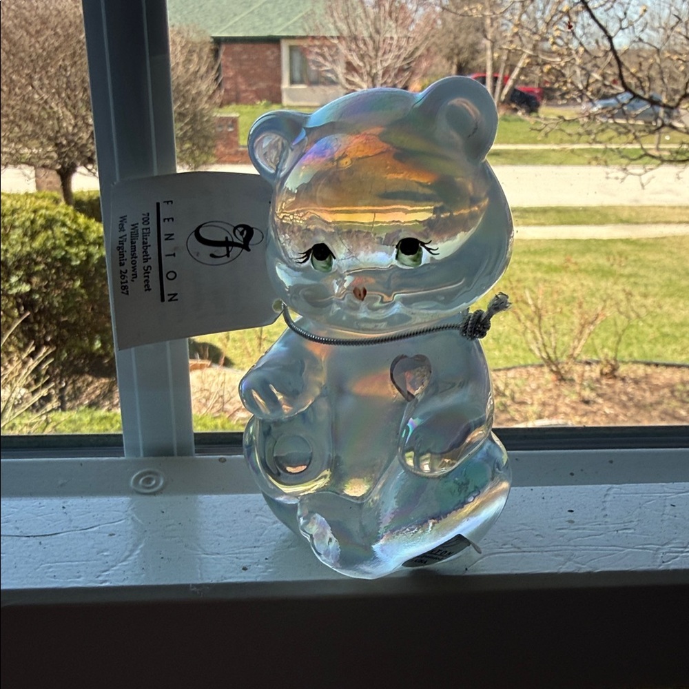 Fenton Iridescent Clear Glass Bear Figurine with Subtle Rainbow Sheen artist sig